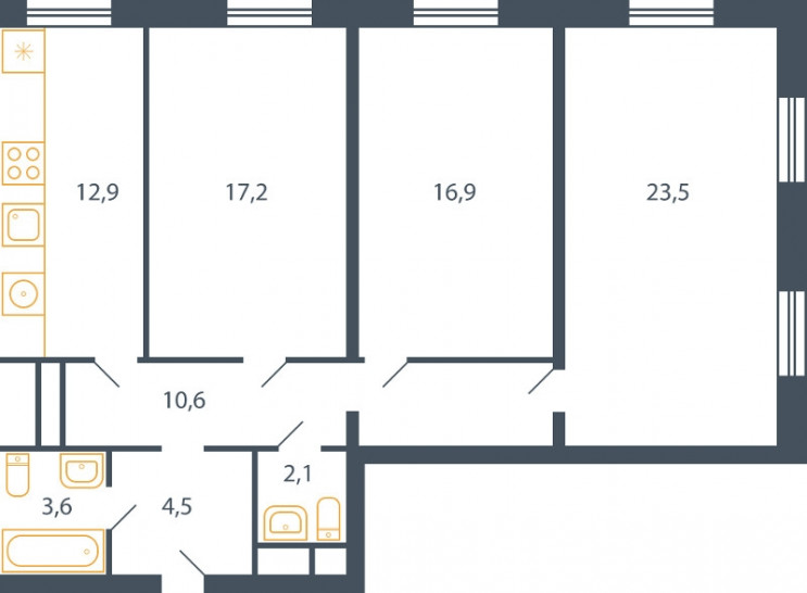 Трёхкомнатная квартира 91.3 м²
