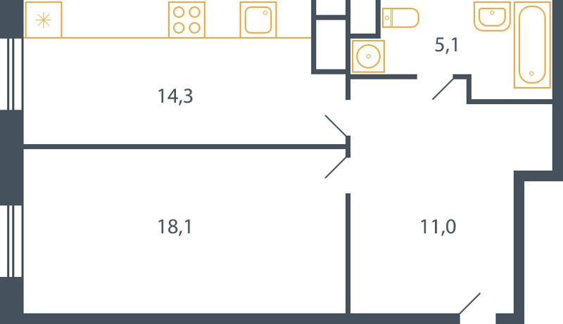 Однокомнатная квартира 48.5 м²