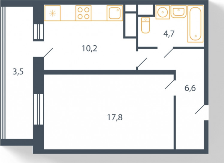 Однокомнатная квартира 42.7 м²