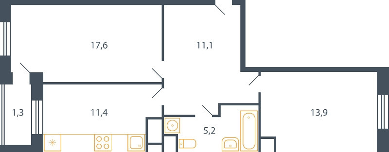Двухкомнатная квартира 60.5 м²