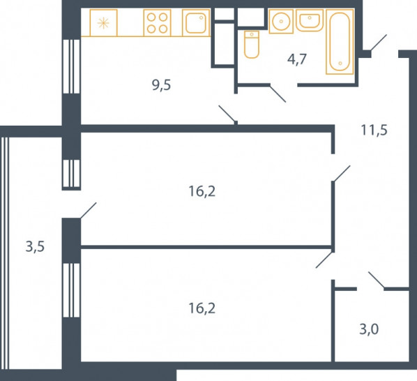 Двухкомнатная квартира 64.6 м²