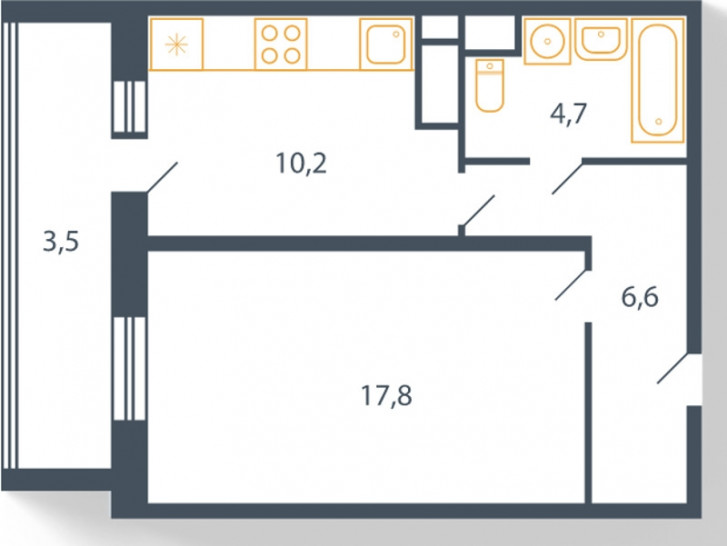 Однокомнатная квартира 41.7 м²